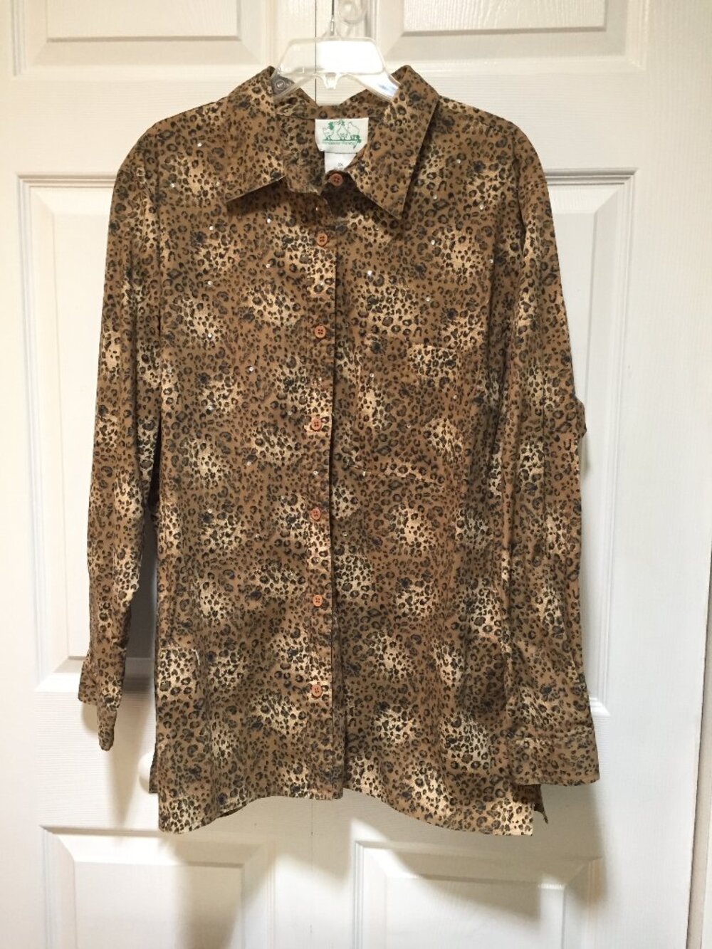 Quacker Factory Leopard Print Rhinestone Button Down Shirt Tan Black Women's 2XL